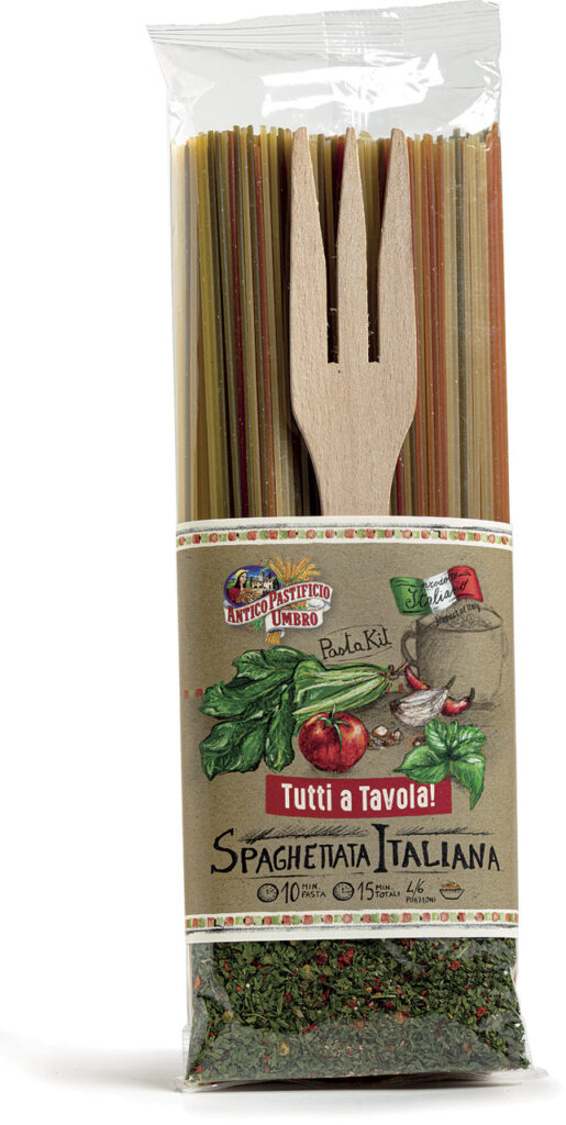  SPAGHETTATA ITALIANA 500g spaghetti di semola di grano duro con pomodoro e spinaci, mix di spezie piccante e forchettone in legno